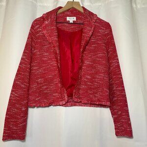 Elle Fringed Tweed Cropped Blazer Jacket Womens S Pink White Career Office EUC